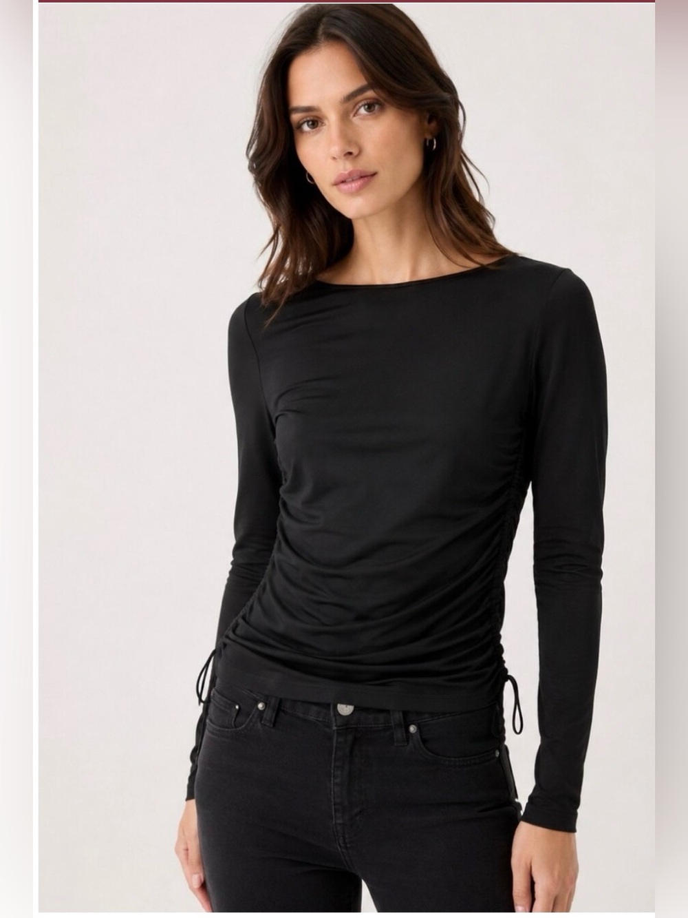 Theory Black Ruched Long Sleeve Stretch Silk Crepe Blouse NWOT